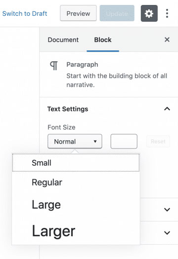تنظیمات متن و سایز فونت در editor’s block 